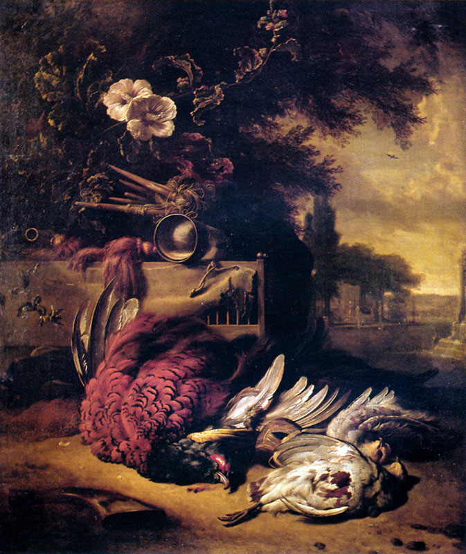 Pheasant and Grey Perdreaux in a Park near a Fountain